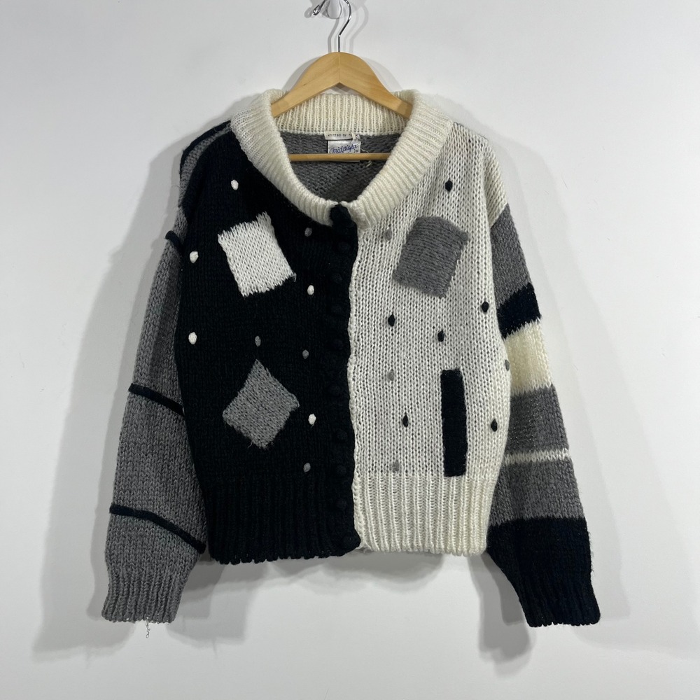 Midnight Blues VTG Artsy Folk 90s Hand Knit Colorblock Cardigan Sweater Large